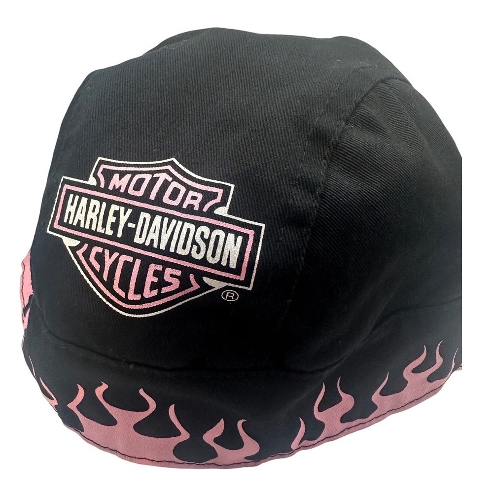 Harley-Davidson Womens Black Pink Flame Logo Mesh Lined Cotton Tie Back Headwrap